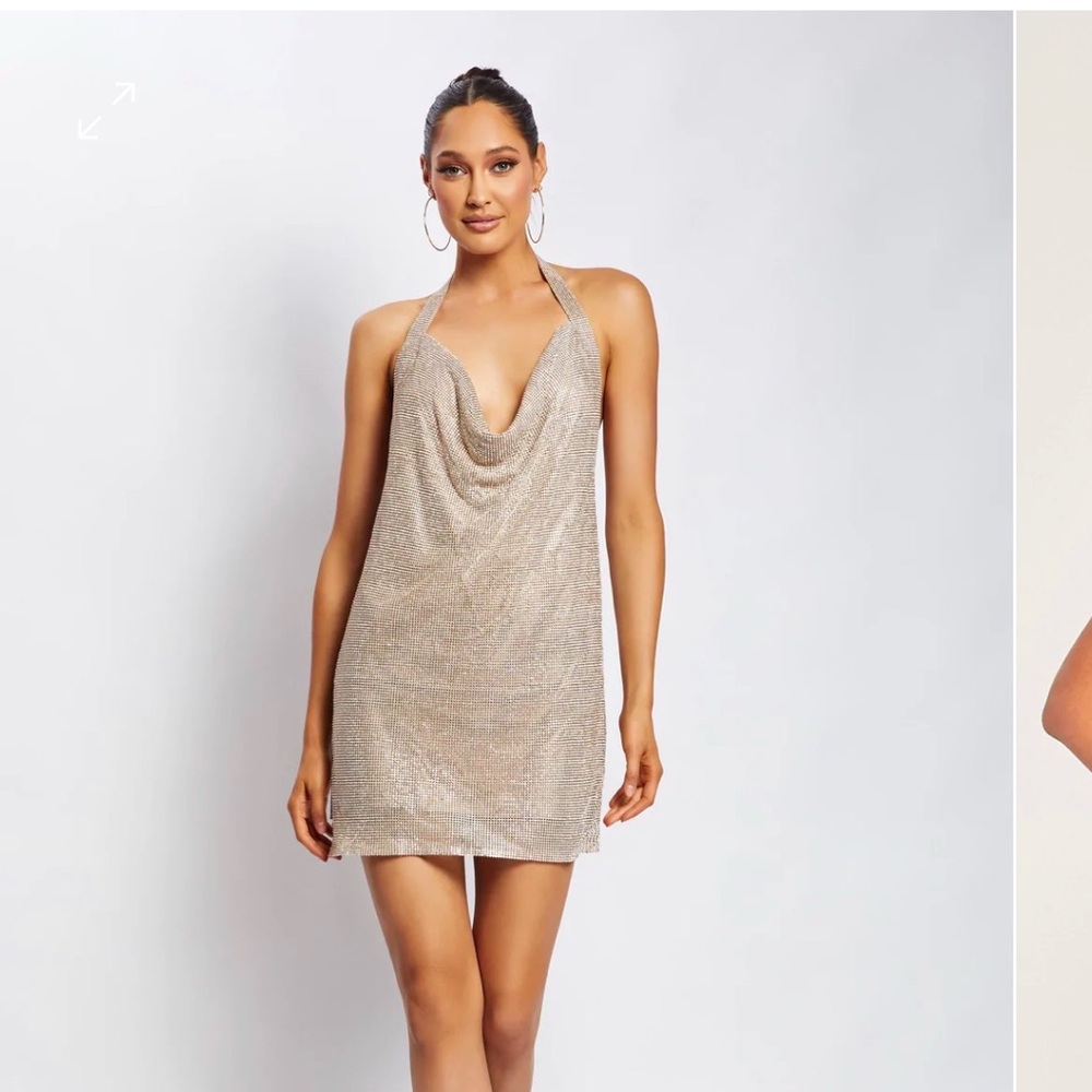 Low Back Diamante Mesh Mini Dress - Gold